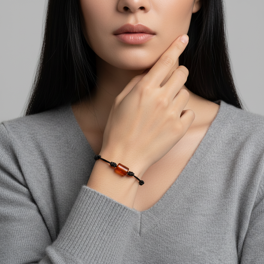 Woman wearing carnelian cylinder bead bracelet on black waxed cord, wrist detail.
