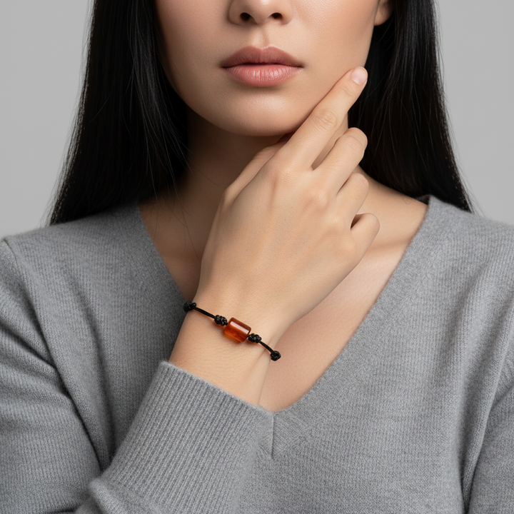 Woman wearing carnelian cylinder bead bracelet on black waxed cord, wrist detail.
