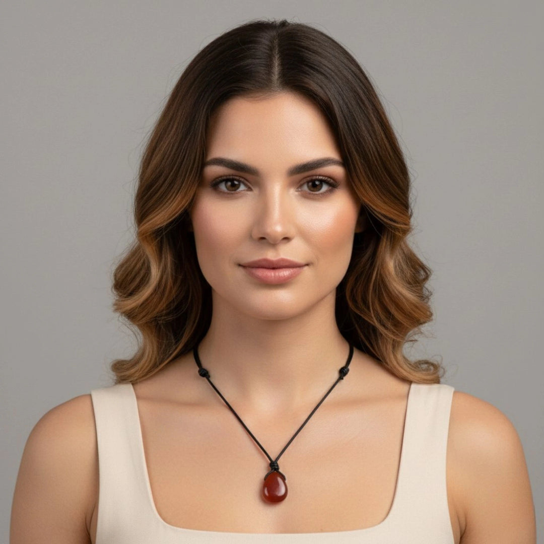 Woman wearing a necklace with a carnelian pendant against a gray background