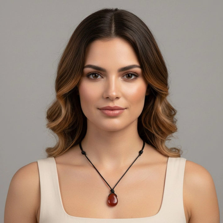Woman wearing a necklace with a carnelian pendant against a gray background