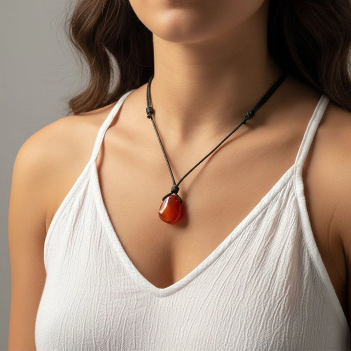 Woman wearing a white top with a carnelian necklace featuring a red pendant.
