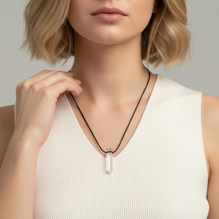 Woman wearing a necklace with a clear quartz pendant against a neutral background