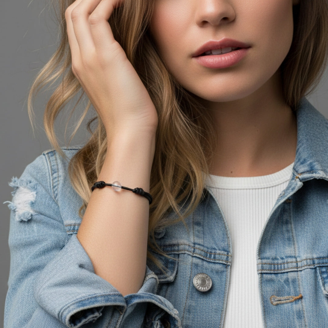 Woman wearing a black cord bracelet with crystal quartz beads on her wrist.
