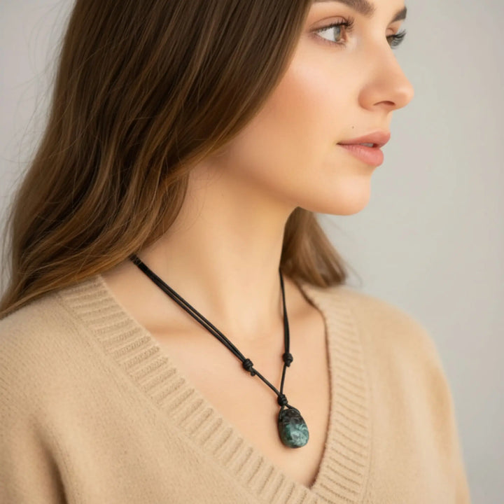 Woman wearing a necklace with a emerald pendant against a neutral background