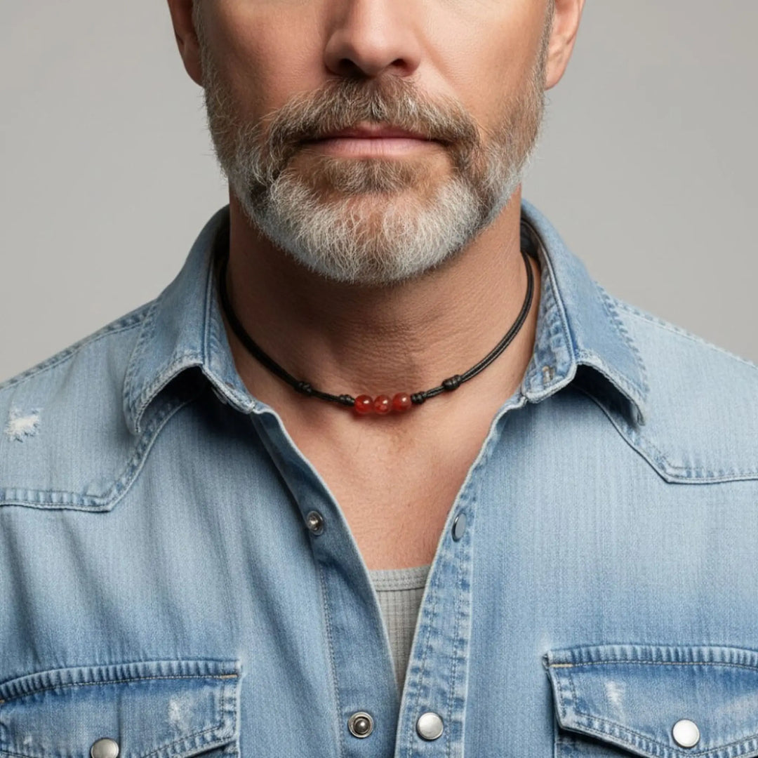 Man wearing a denim shirt and a necklace with beads against a gray background