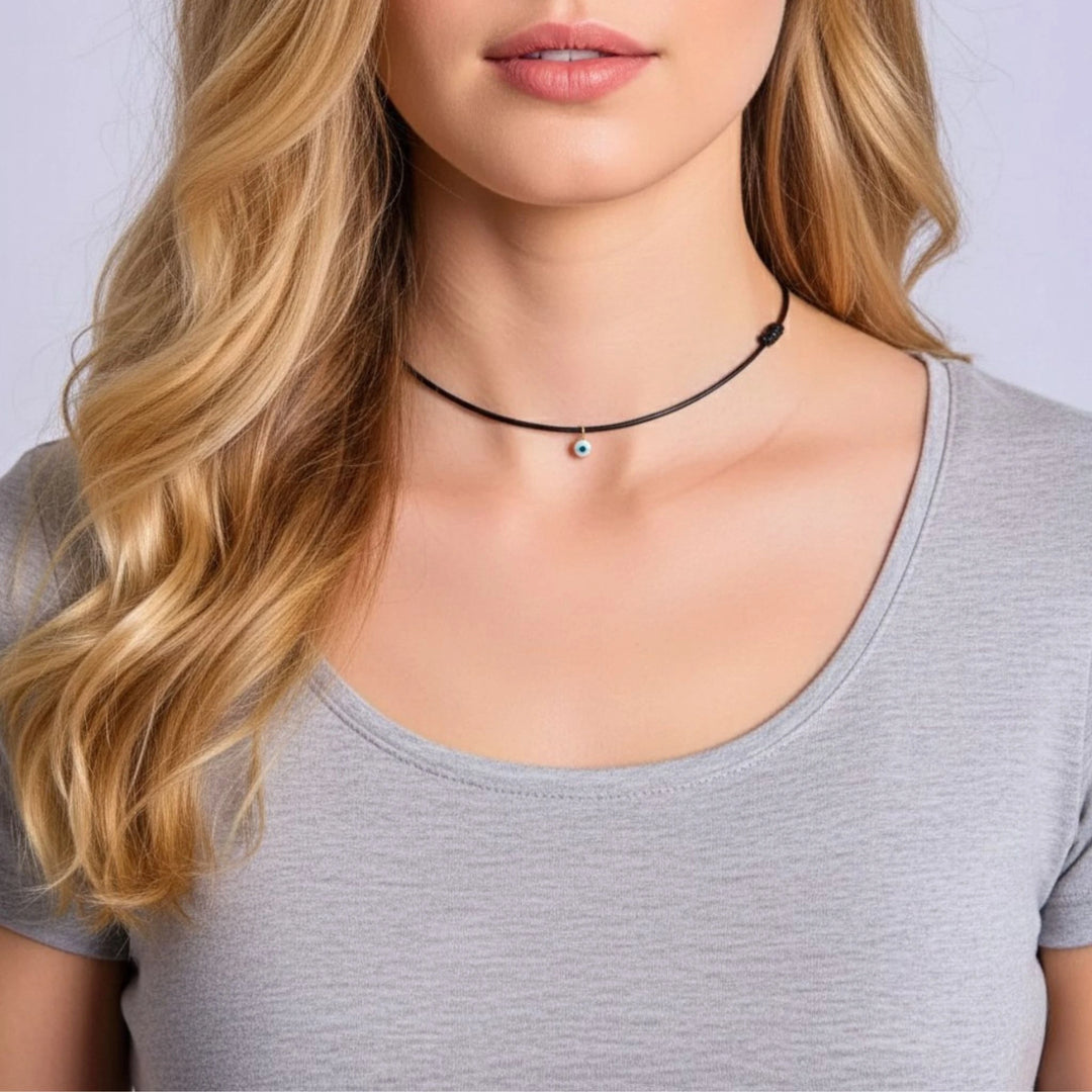 14K Gold Filled Evil Eye Choker - Adjustable, Waterproof Wax Nylon