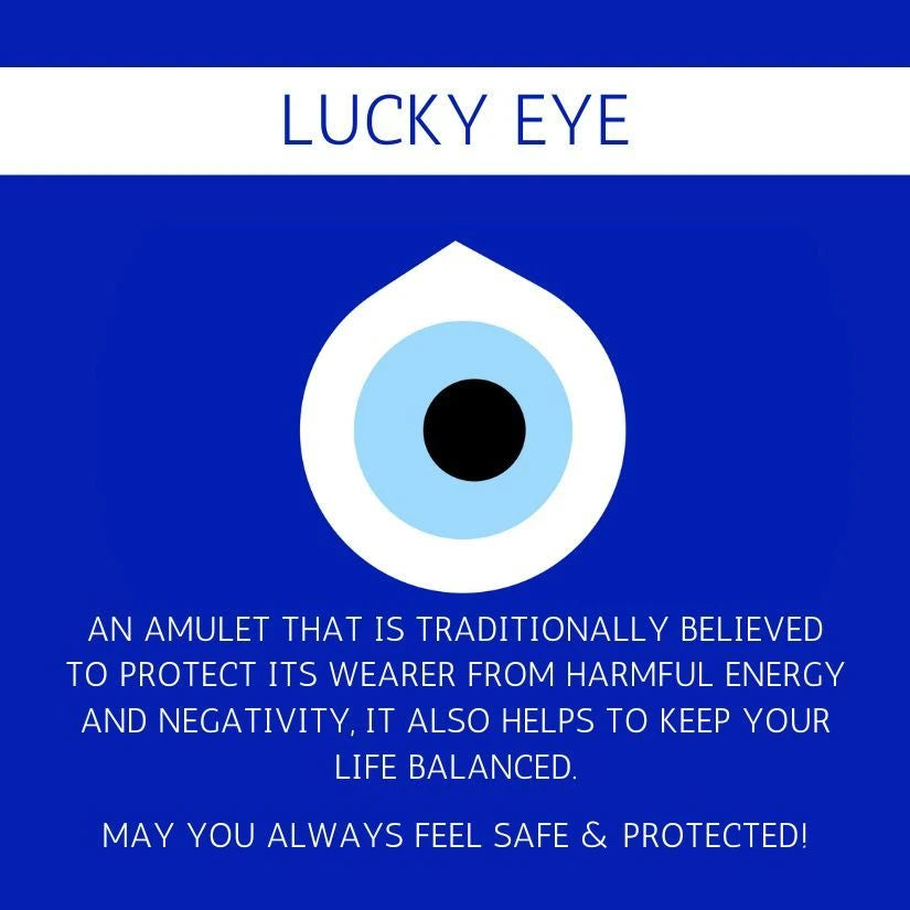 Lucky eye amulet symbol on a blue background with text
