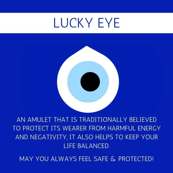 Lucky eye amulet symbol on a blue background with text