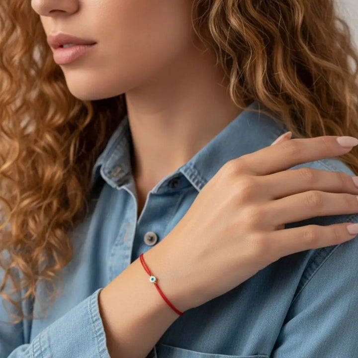 Woman wearing a red gold evil eye bracelet on her wrist, close-up of hand and bracelet.