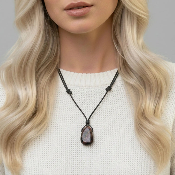 Necklace with a pendant worn by a person with long blonde hair, against a neutral background