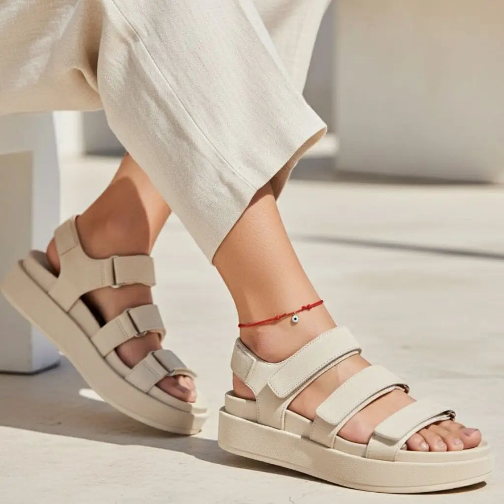 Gold evil eye red anklet  worn by a woman  with light-colored pants on a neutral background