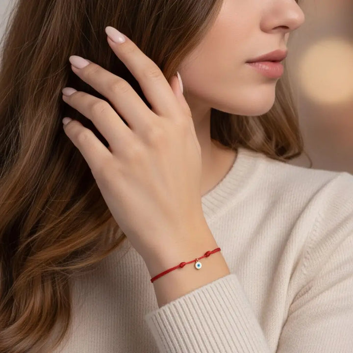 Woman wearing a red bracelet with a small evil eye charm, touching her hair.