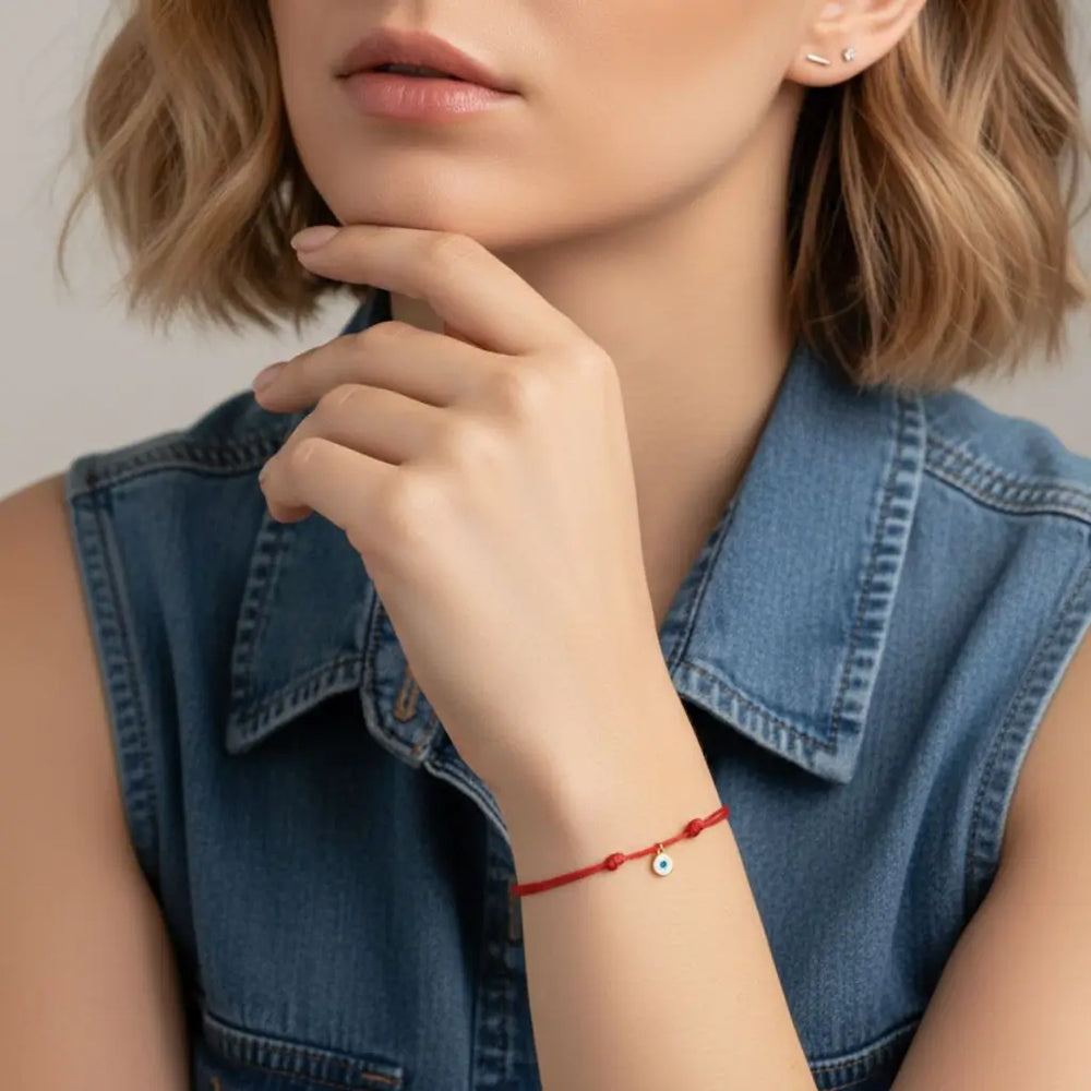 Woman wearing a red bracelet with a small evil eye white charm, wearing a denim vest.