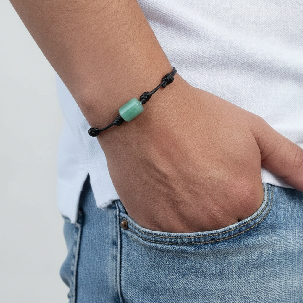Green aventurine bracelet on black waxed cord, hand in pocket view.
