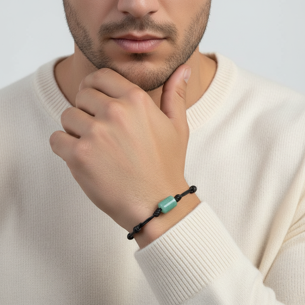 Man wearing green aventurine bracelet on black waxed cord, close-up lifestyle view.
