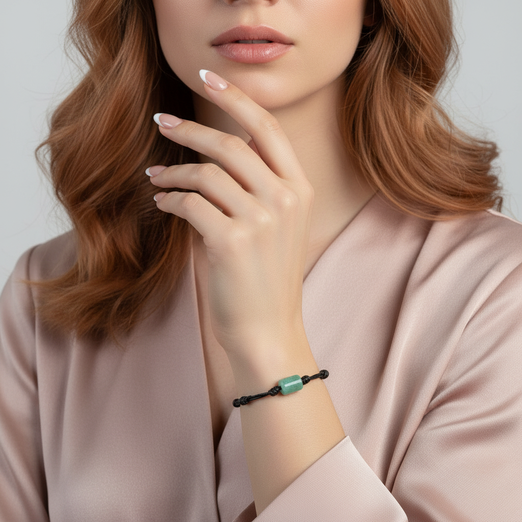Woman wearing green aventurine bracelet on black waxed cord, close-up of wrist.
