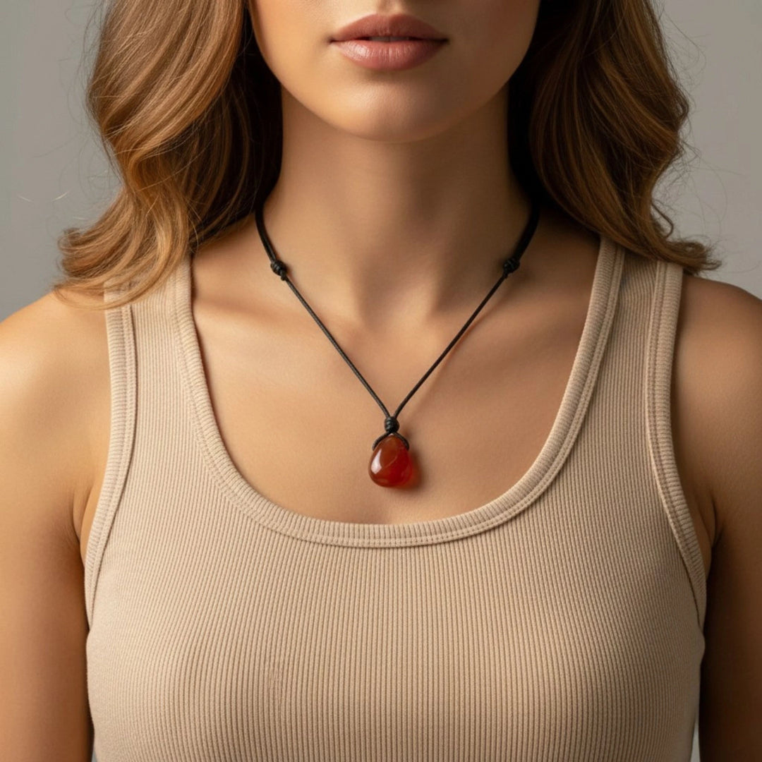 Woman wearing a beige tank top and a carnelian necklace with a red pendant.