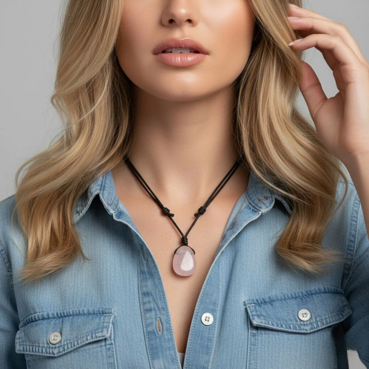 Woman wearing a necklace with a rose quartz pendant against a neutral background