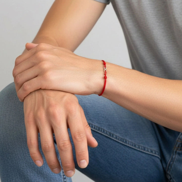 Person wearing a red bracelet on a plain background