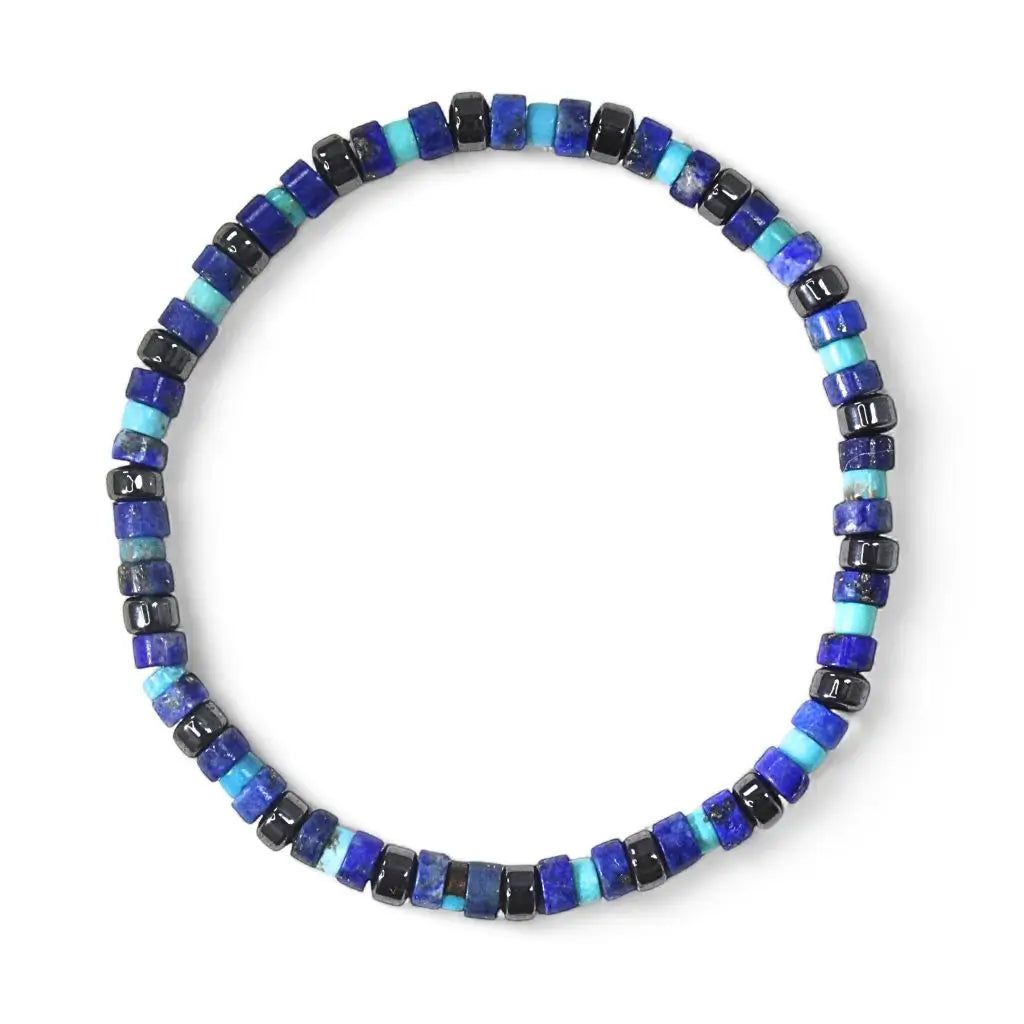 Stretch bracelet with 4mm lapis lazuli, 3mm turquoise, and hematite beads, featuring natural gemstone accents. Luck Strings