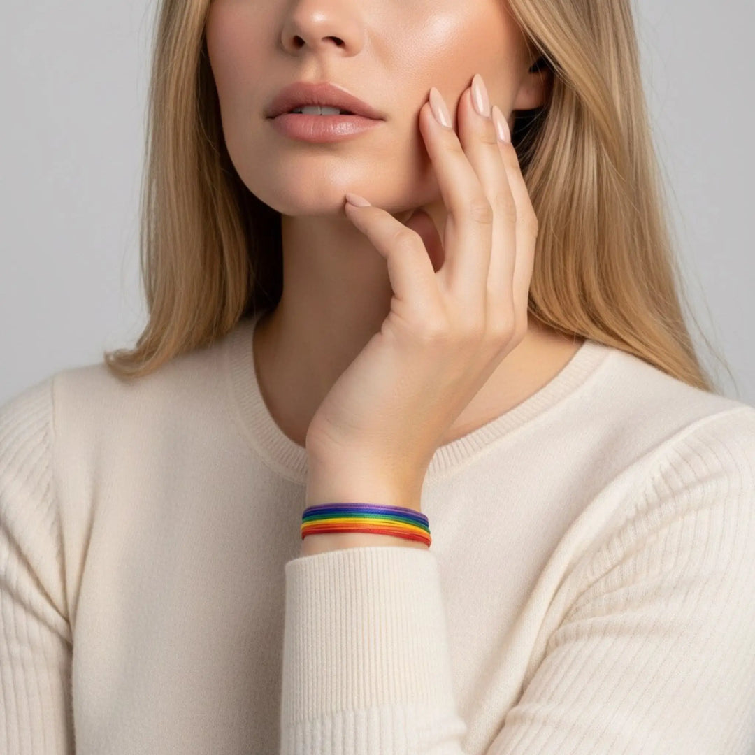 Woman wearing a rainbow bracelet on a plain background