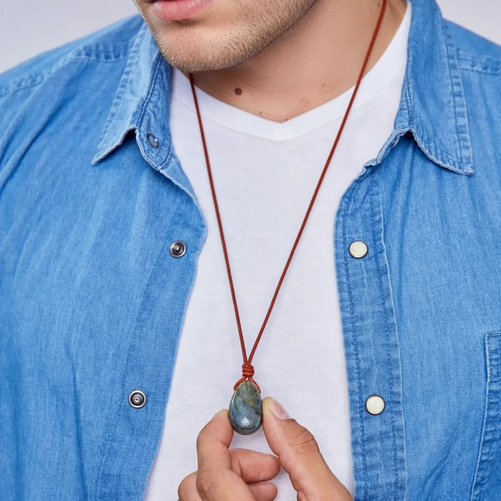 Person wearing a blue denim jacket holding a necklace with a pendant.