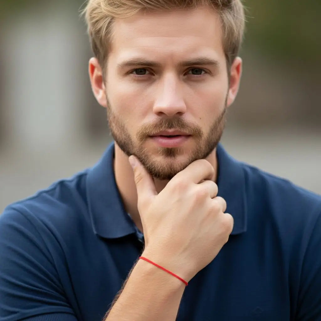 Man wearing a blue polo shirt with a  red cord bracelet and blurred background