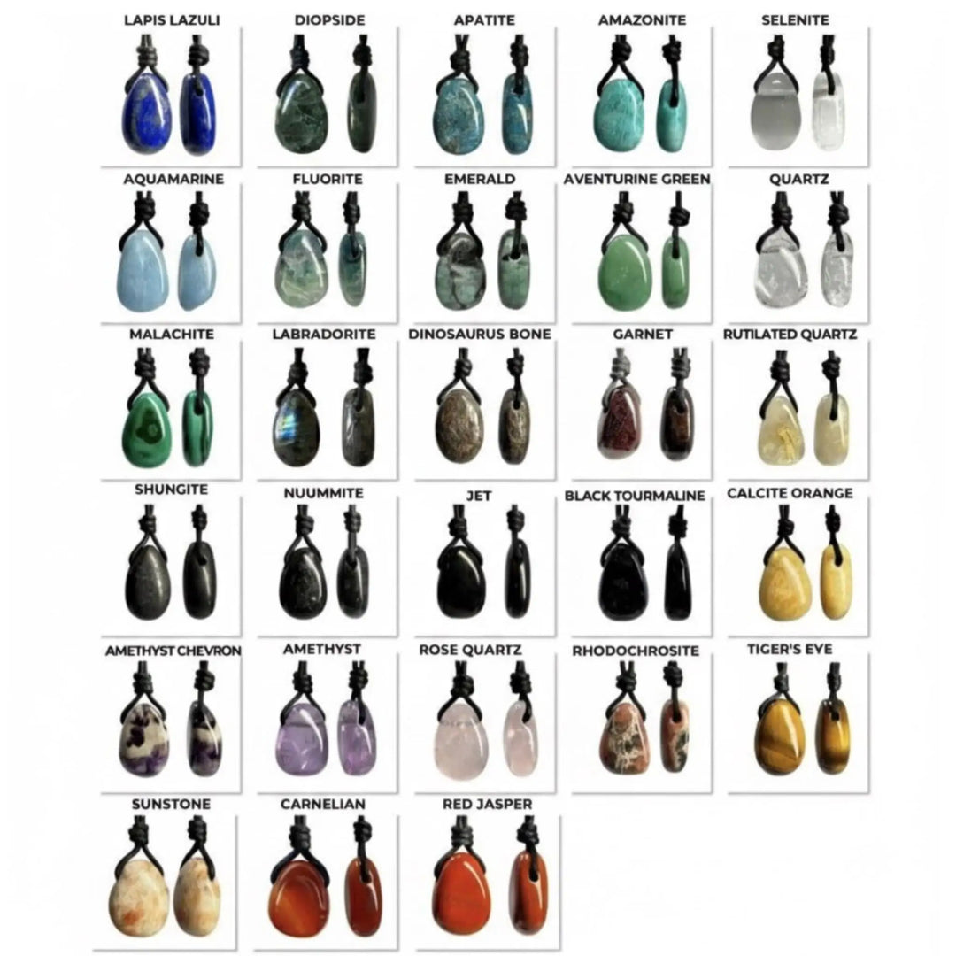 Display of various stone pendants with labels on a white background