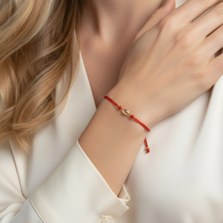 Red bracelet on a person's wrist with a white background