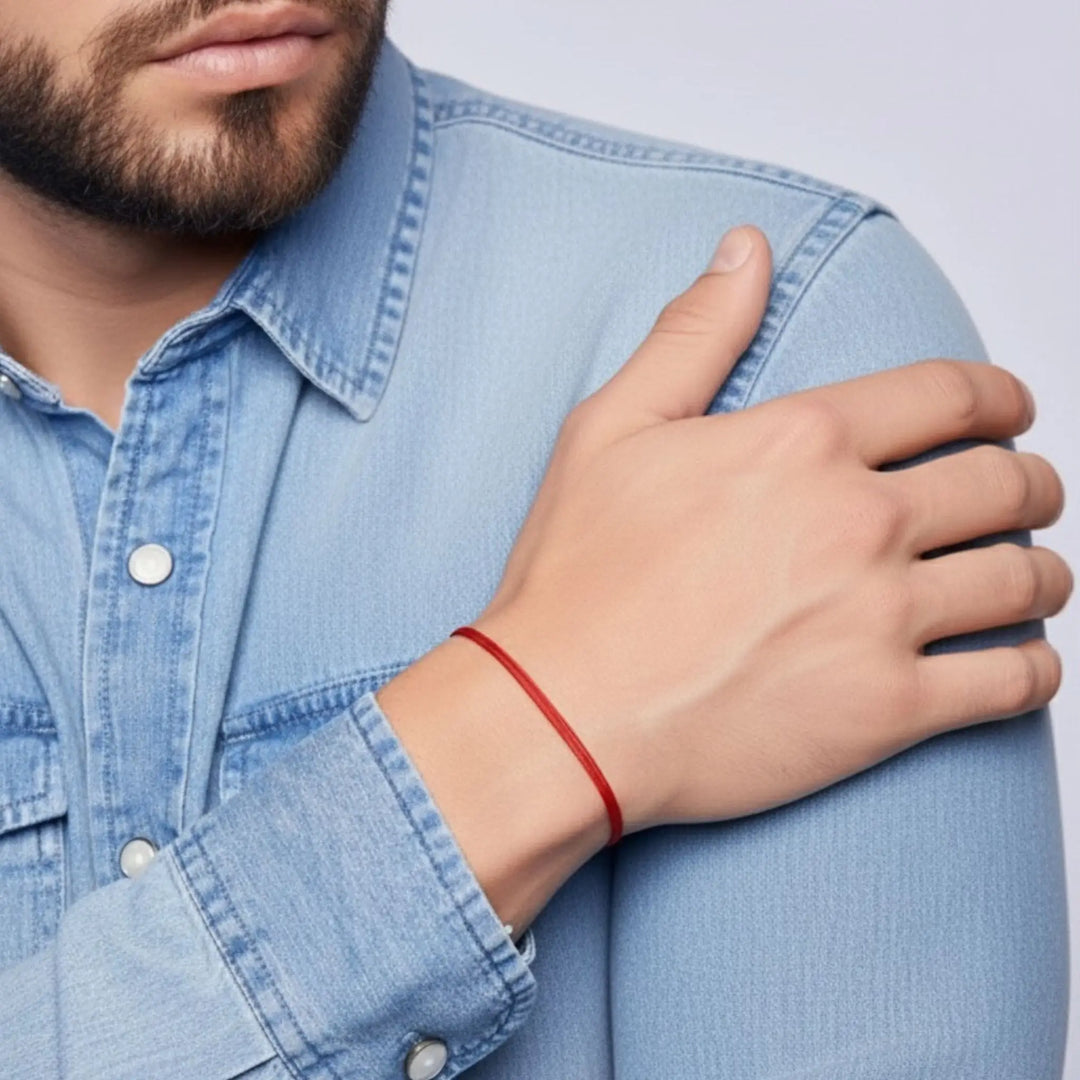 Man wearing a red bracelet on his wrist, with a plain background