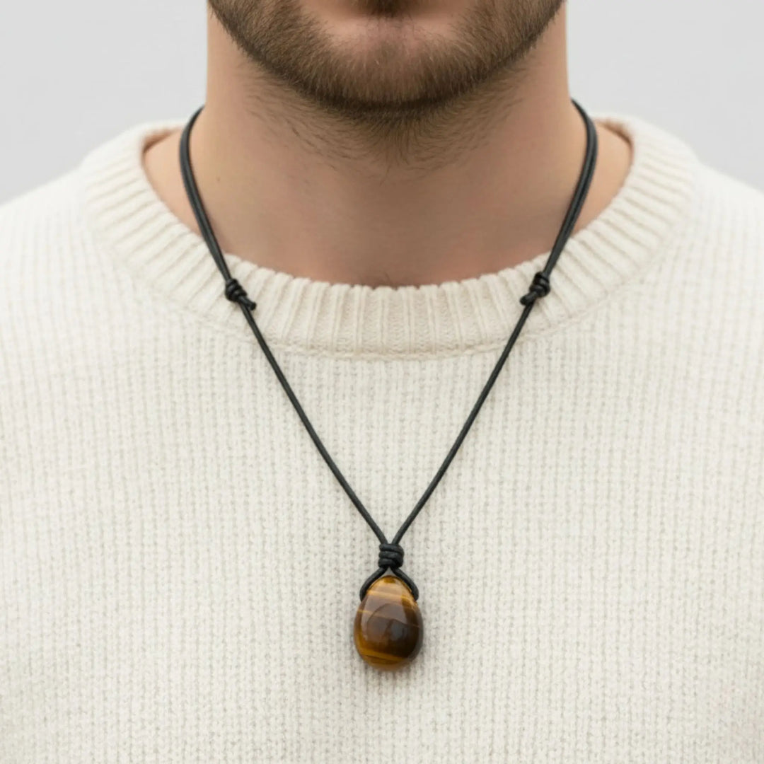 Necklace with a tiger eye pendant worn by a person in a white sweater.