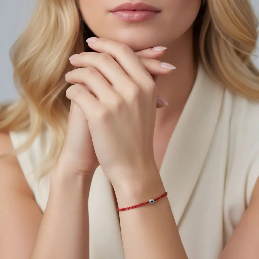 Close-up of a woman's hand wearing a red evil eye bracelet, against a neutral background.