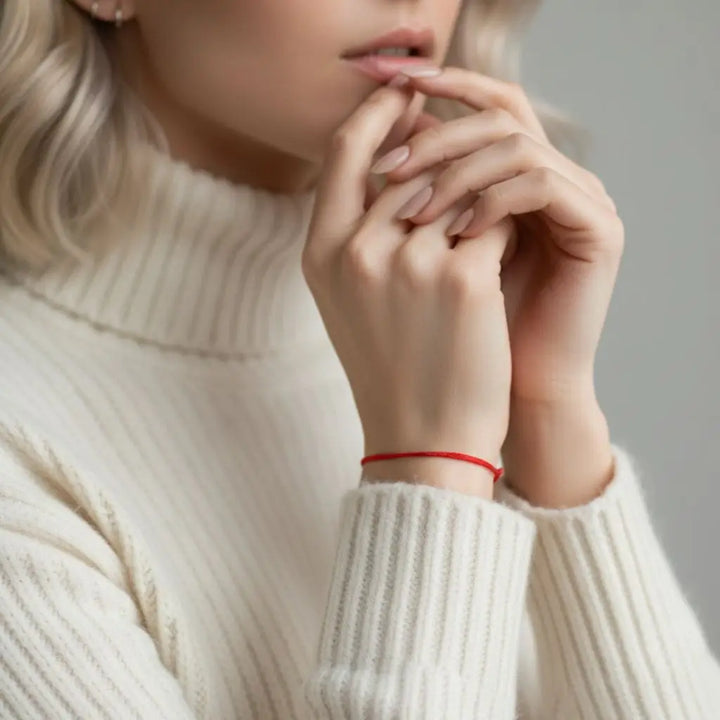 Person wearing a beige sweater with a red bracelet on a neutral background