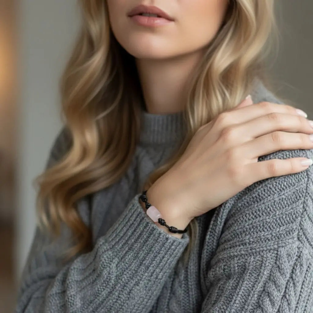 Person wearing a gray sweater and a rose quart bracelet, with a blurred background