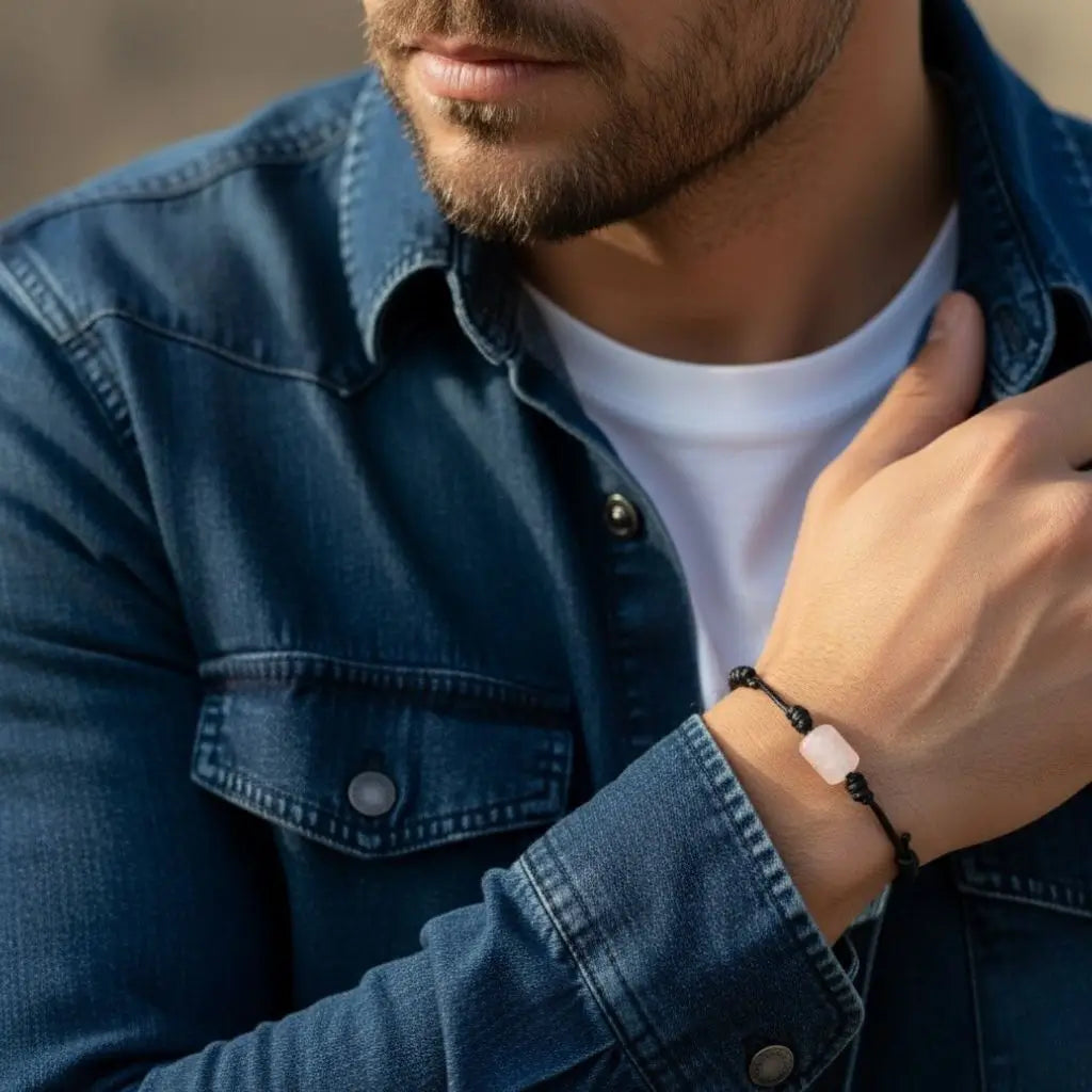 Man wearing a denim jacket and white shirt with a rose quartz bracelet on his wrist.
