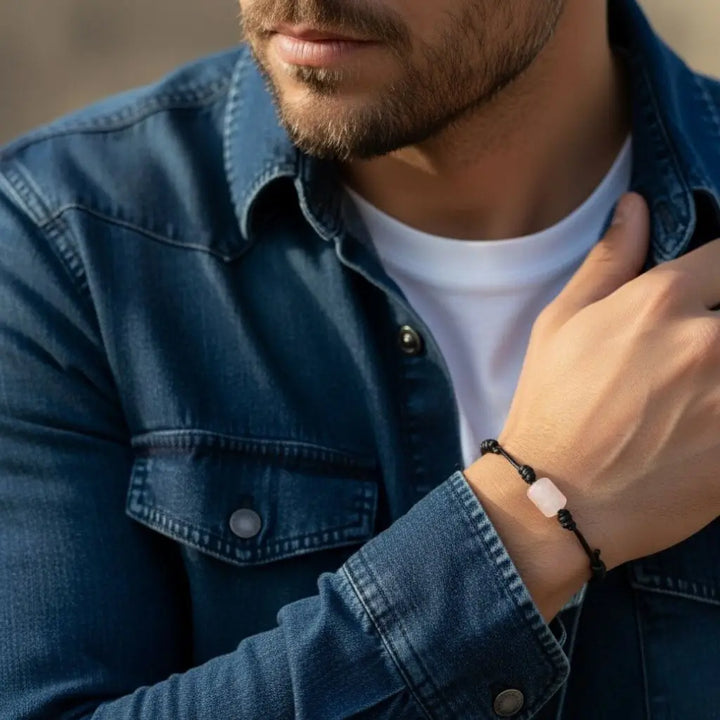 Man wearing a denim jacket and white shirt with a rose quartz bracelet on his wrist.