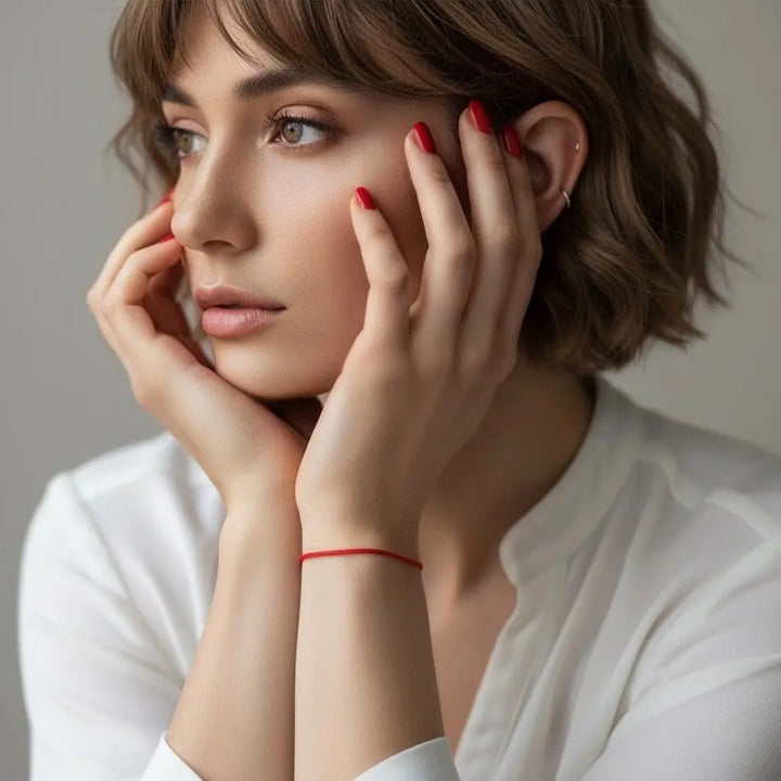 Woman with short hair and red string bracelet and red nail polish touching her face against a neutral background
