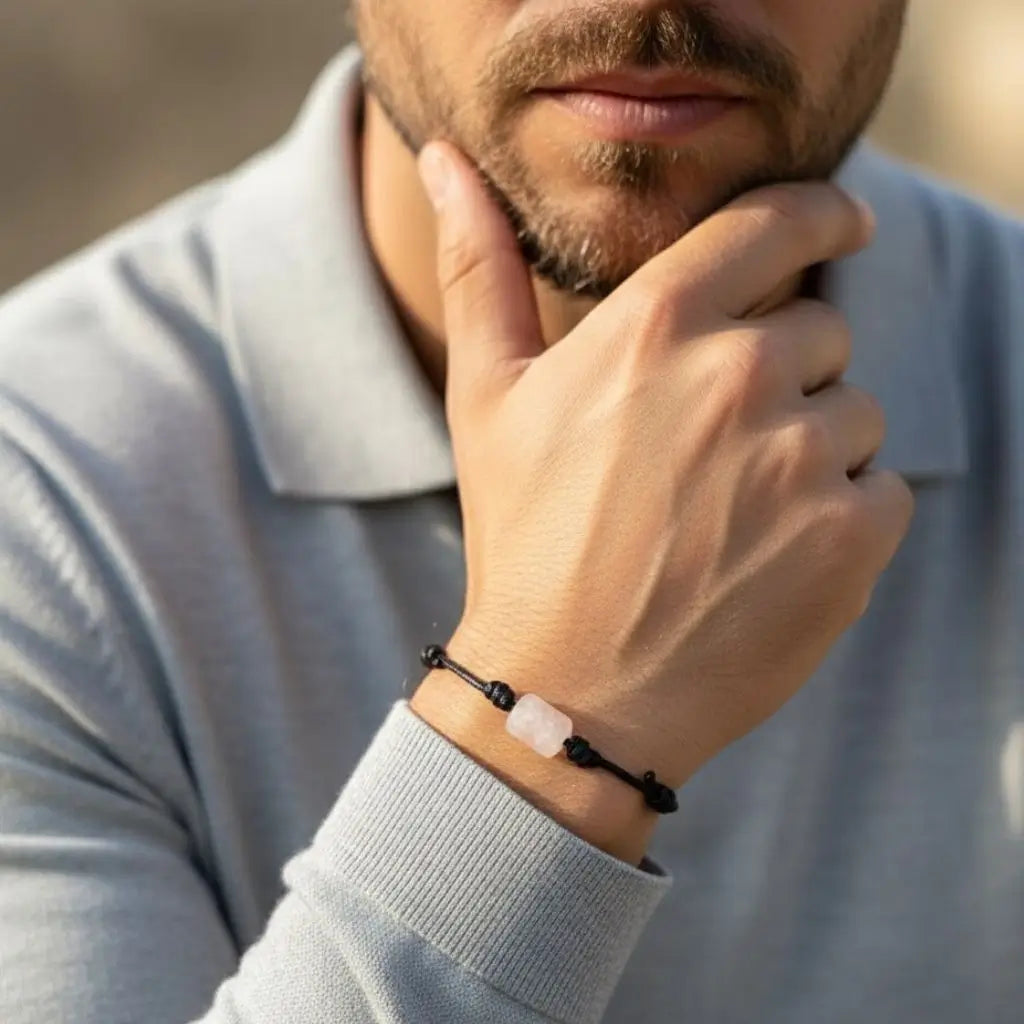 Man wearing a bracelet with a rose quartz stone, touching his chin outdoors.