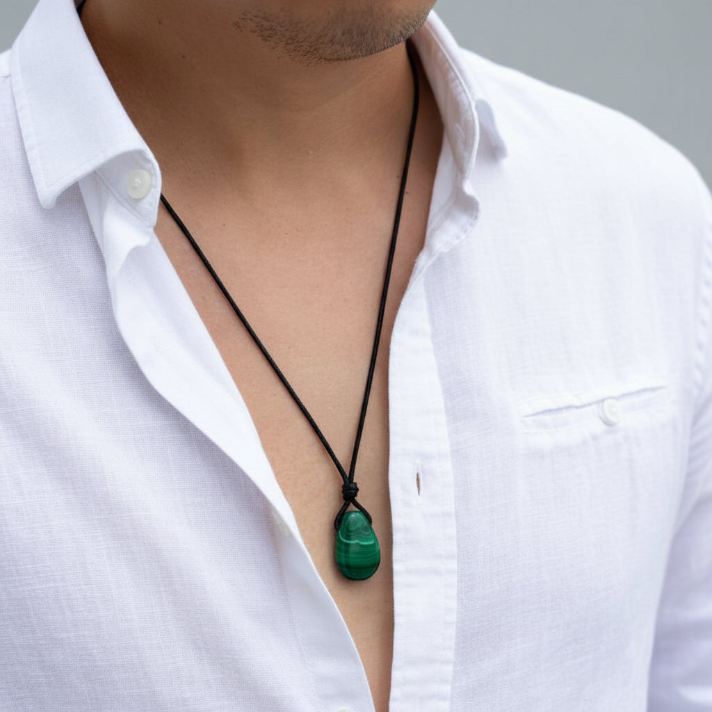 Person wearing a white shirt with a green malachite pendant necklace.