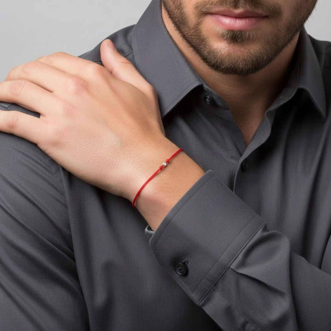 Man wearing a gray shirt with a gold diamond red bracelet on his wrist.