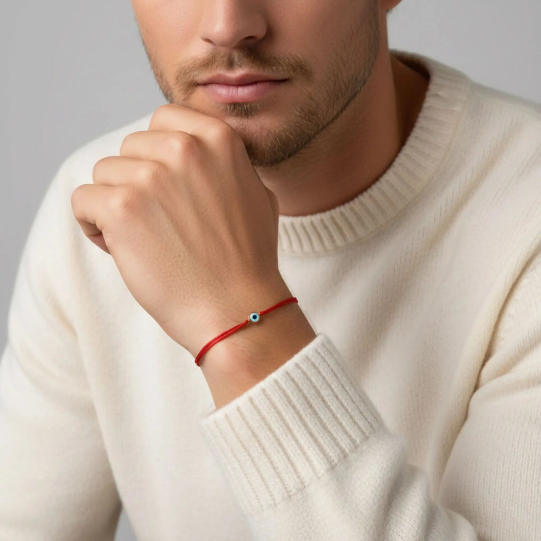 A men's wrist wearing a 14K gold vermeil evil eye link connector on a red string bracelet.