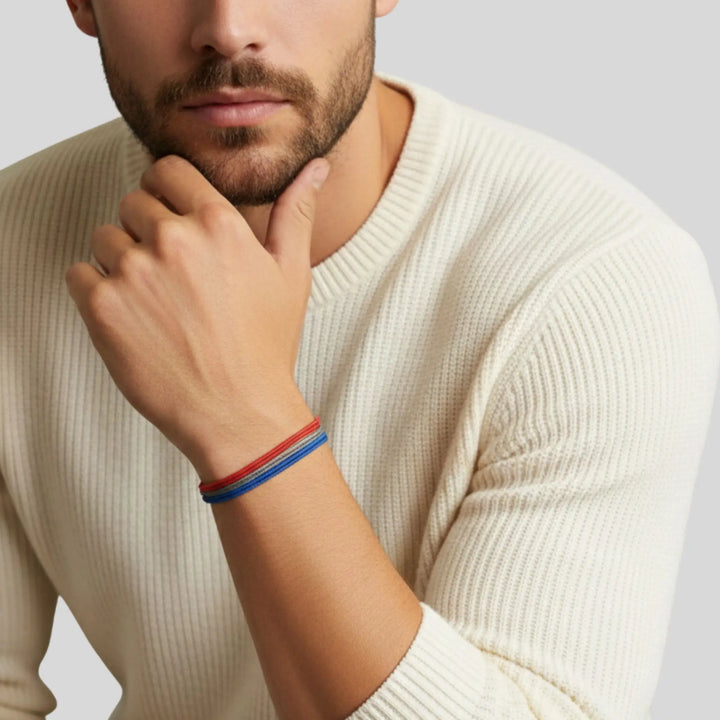 Man wearing a beige sweater with a close-up of his wrist showing two bracelets.