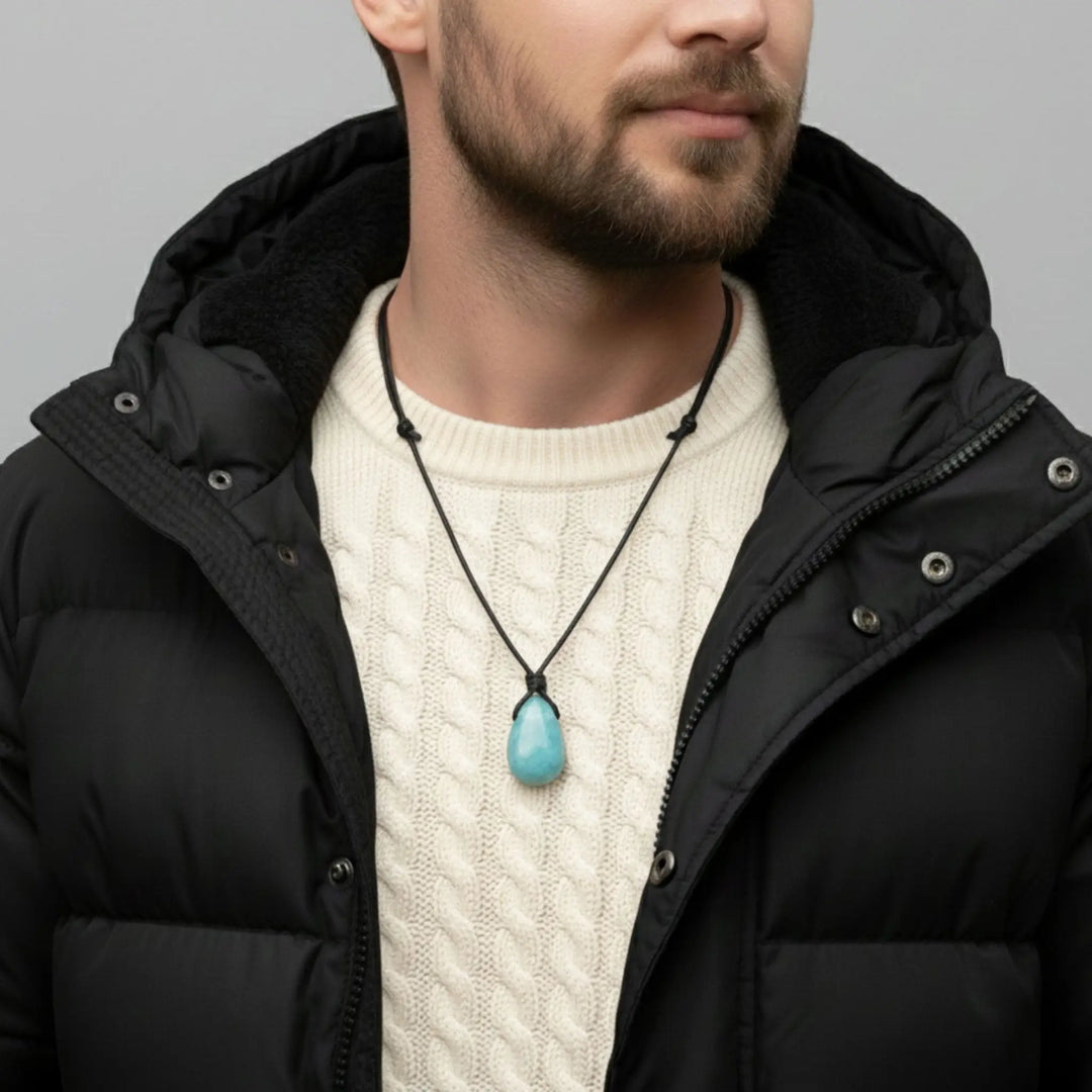 Man wearing a black jacket and white sweater with a aquamarine pendant necklace against a gray background