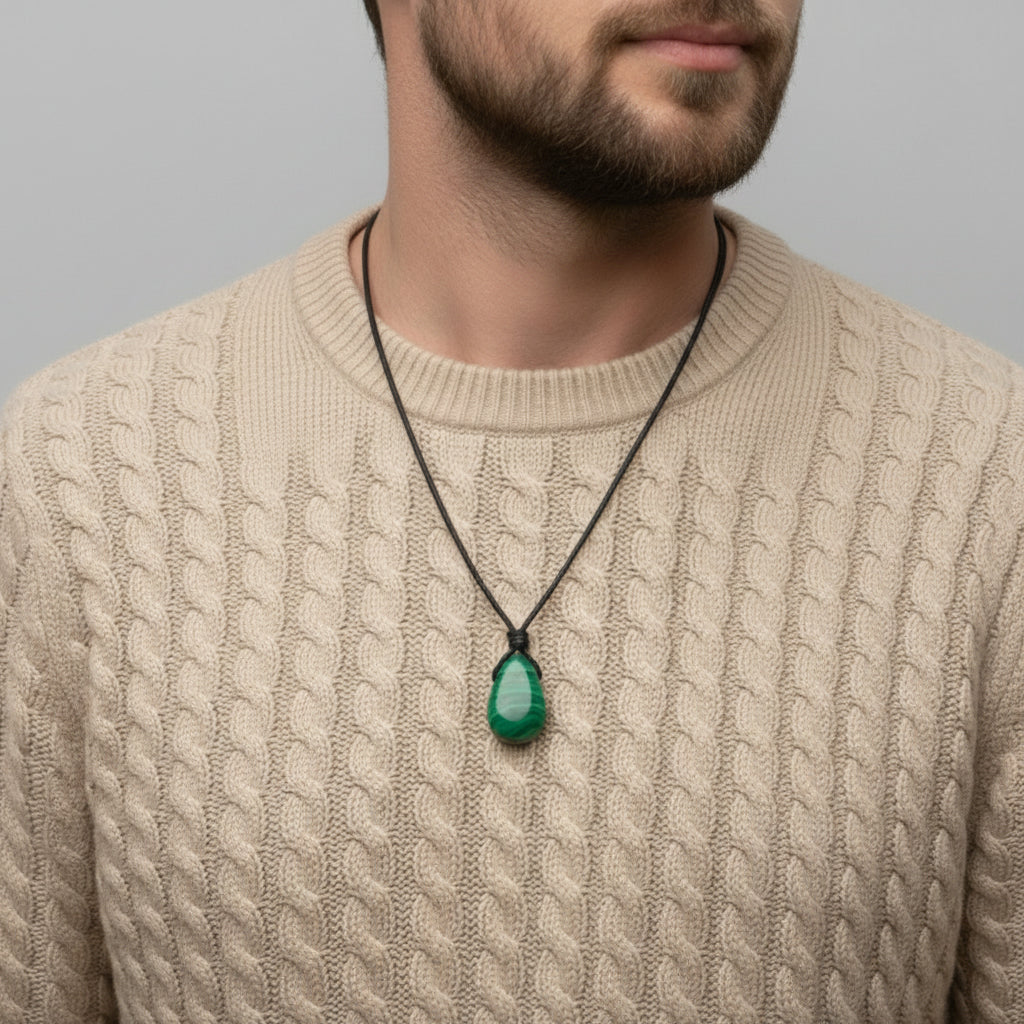 Man wearing a black jacket and beige sweater with a green malachite pendant necklace on a gray background