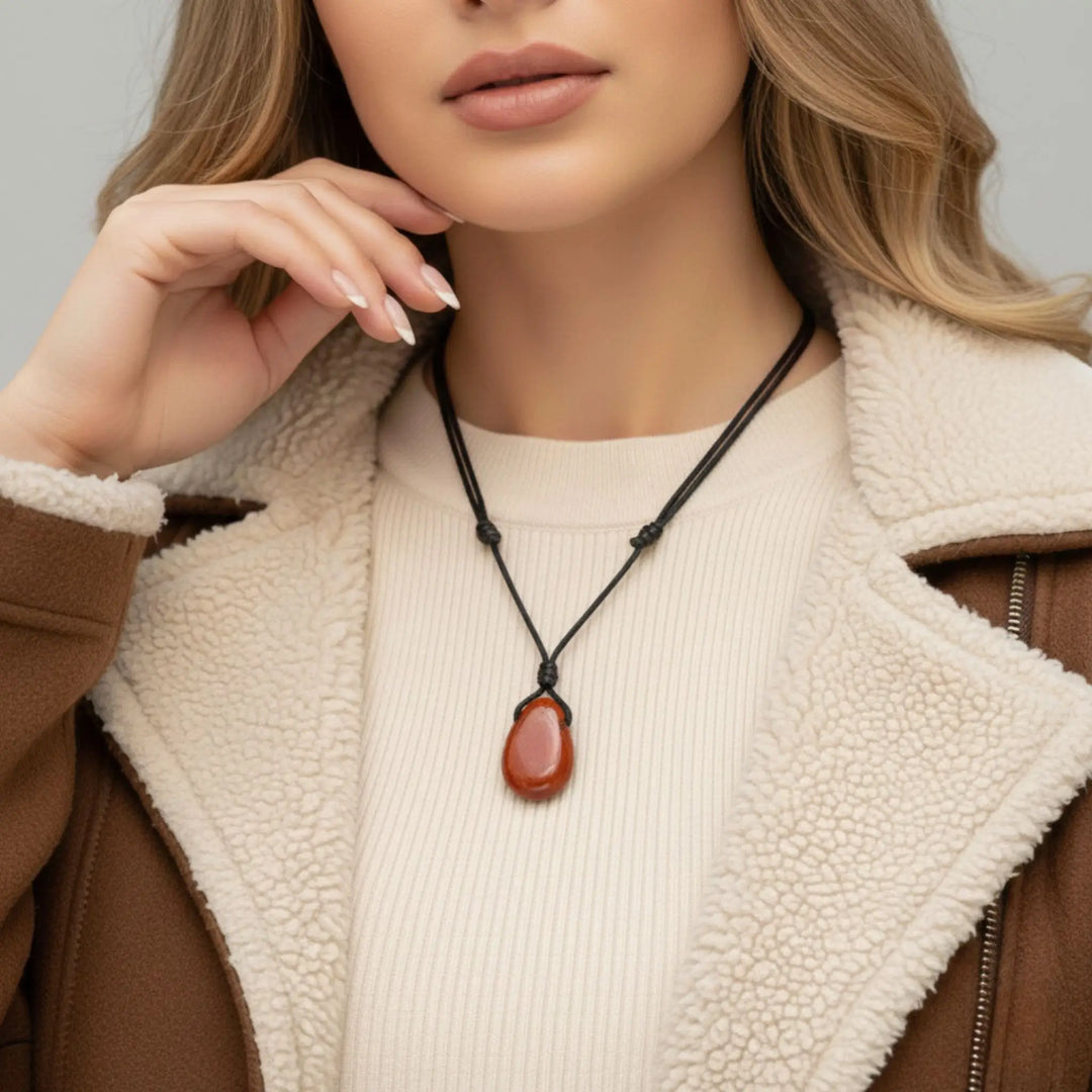 Woman wearing a necklace with a large red jasper stone pendant, dressed in a brown coat and white sweater.