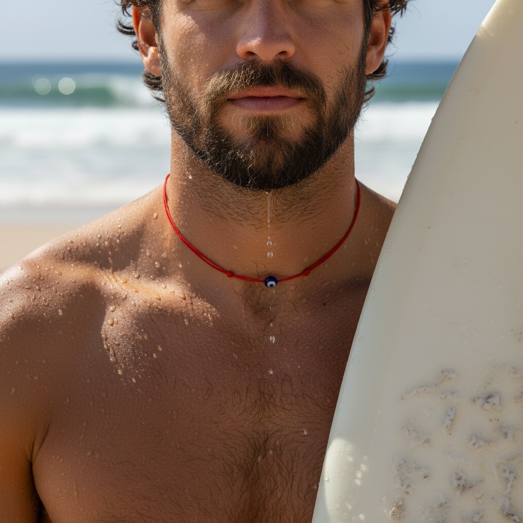Man with surfboard and red necklace on a beach