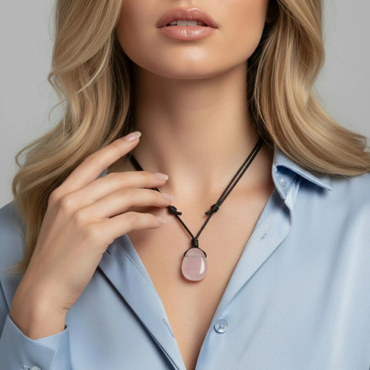 Woman wearing a necklace with a rose quartz pendant against a neutral background