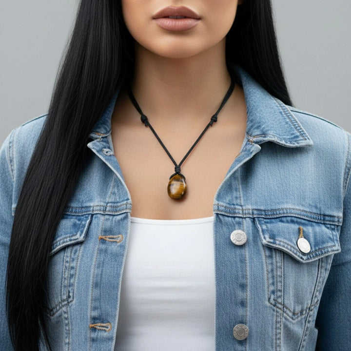 Woman wearing a denim jacket and a tigers eye necklace against a gray background