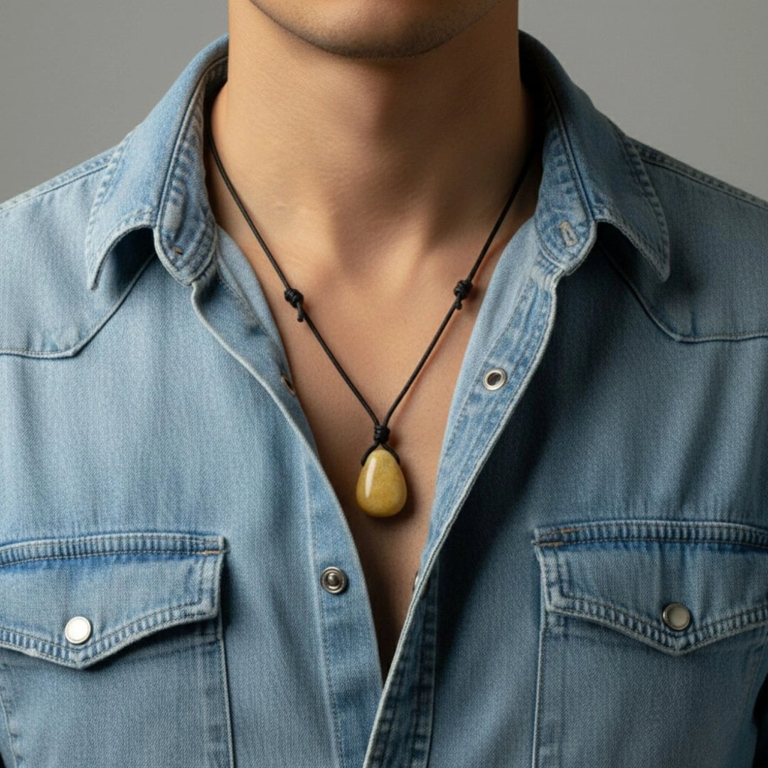 Man wearing a blue denim shirt with a calcite necklace featuring a yellow pendant.