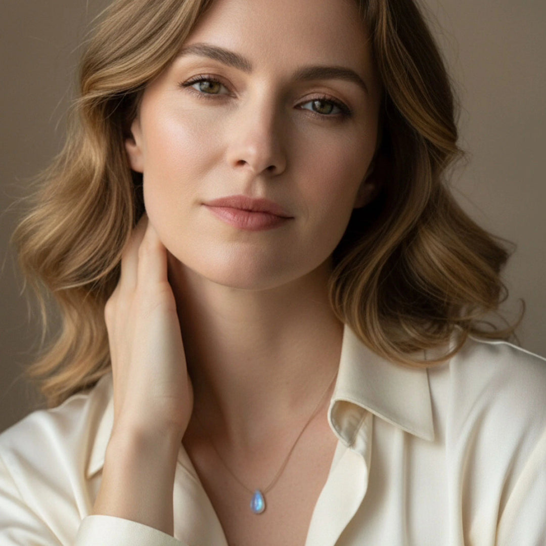 Woman wearing a moonstone necklace with a pendant against a neutral background